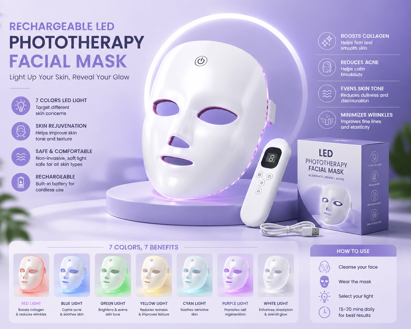 Rechargeable LED Phototherapy Facial Mask - Happily Living